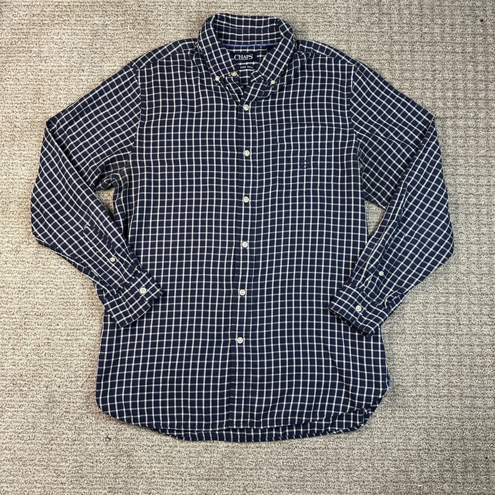 Chaps Mens Navy Blue White Grid Check Easy Care Twill Button Down Shirt Medium